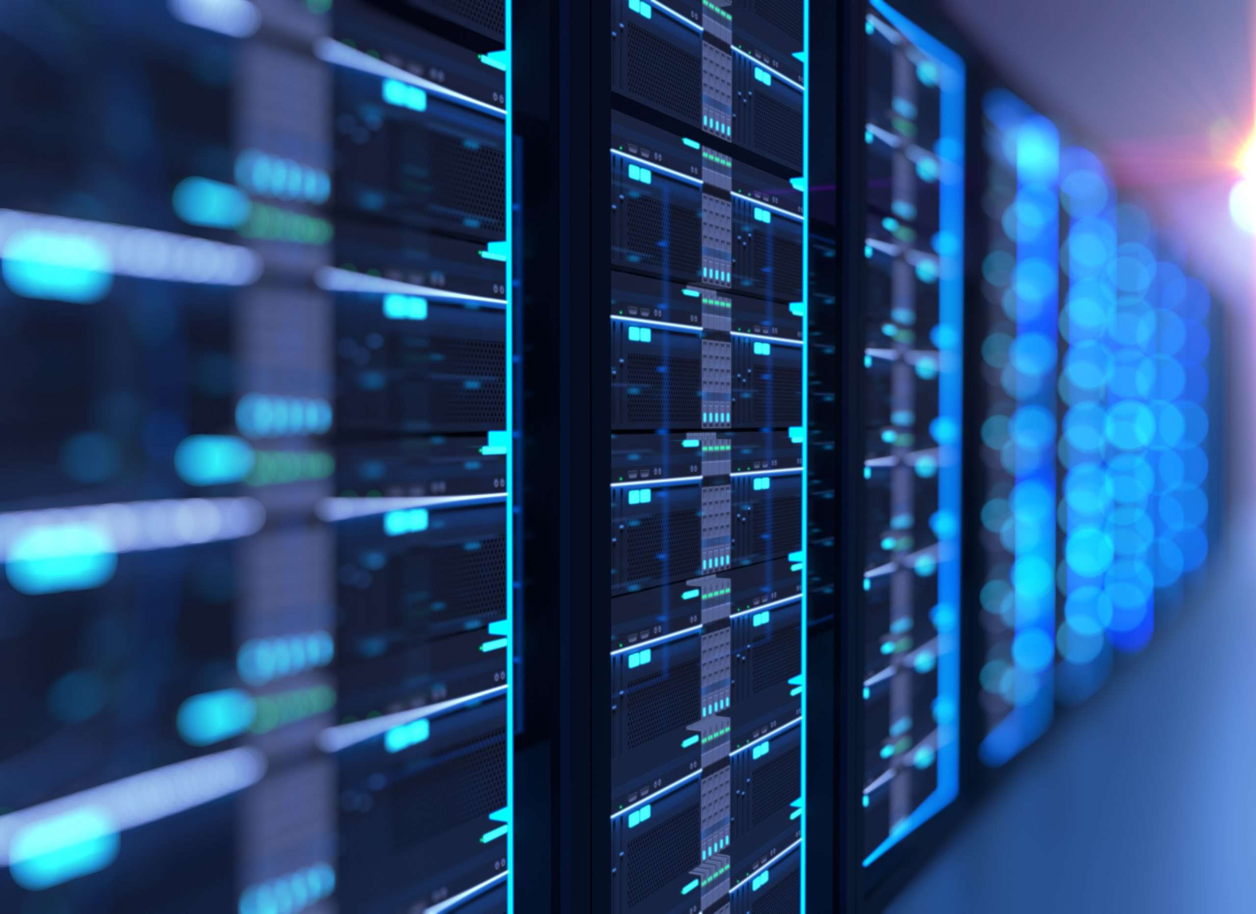 Ilustración en 3D de la sala de servidores en el centro de datos lleno de equipos de telecomunicaciones, concepto de almacenamiento de grandes datos y cloud tecnología informática.