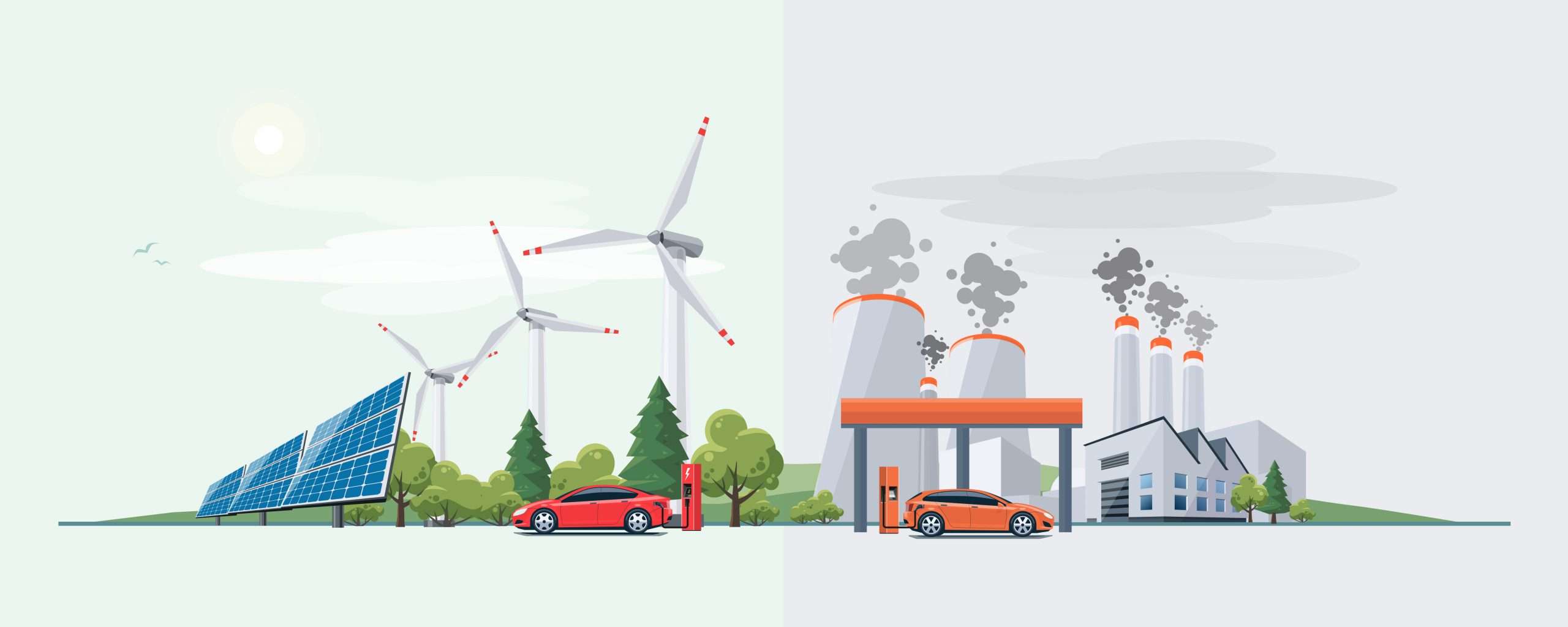 Vector,Illustration,Of,Renewable,Electric,Vs.,Fossil,Pollution,Power,Electricity