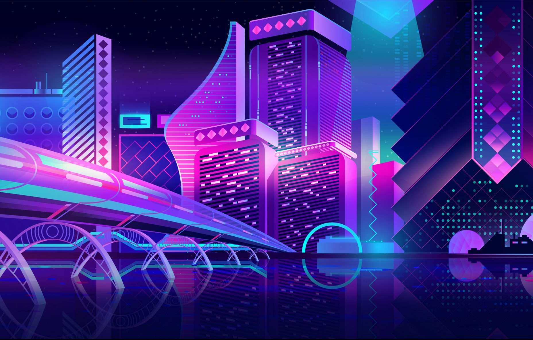 Future,Metropolis,Streets,Night,Skyline,Cartoon,Vector,With,Illuminated,Blue