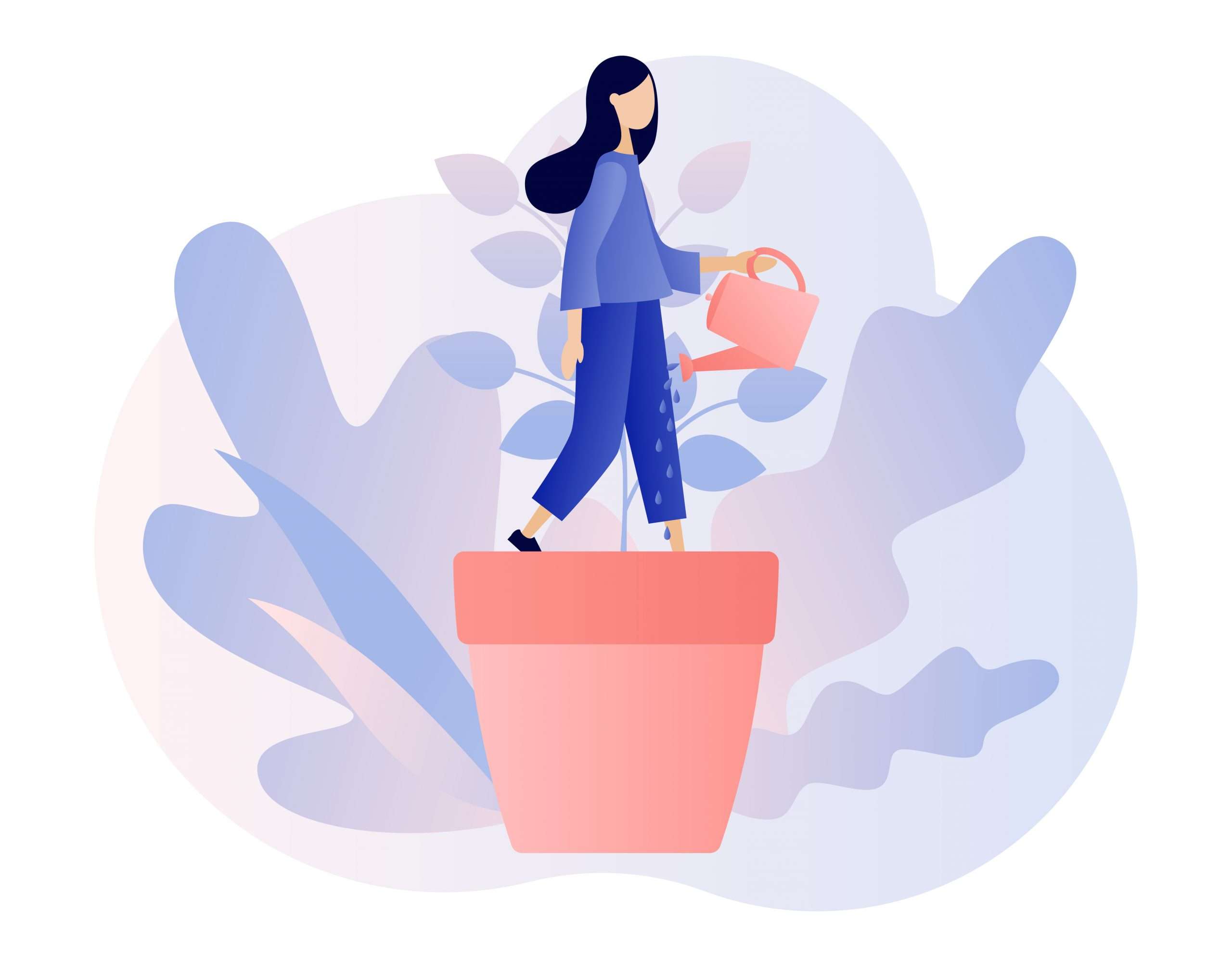 Personal,Growth,Concept.,Tiny,Woman,In,Flowerpot,Watering,Herself.,Metaphor